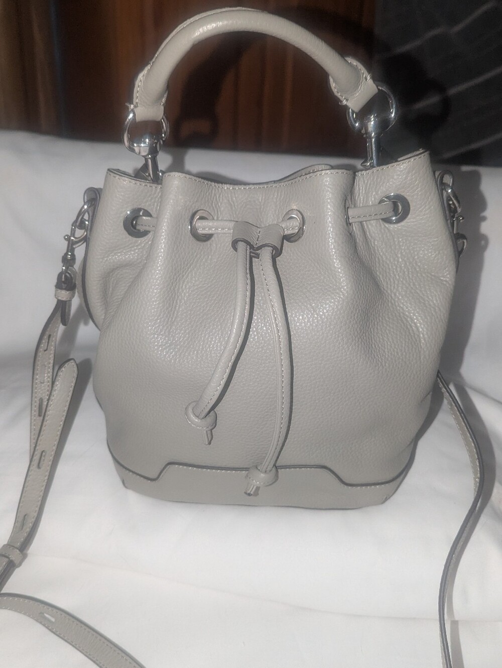 Rebecca Minkoff Fiona Gray Pebbled Leather Drawstring Bucket Bag